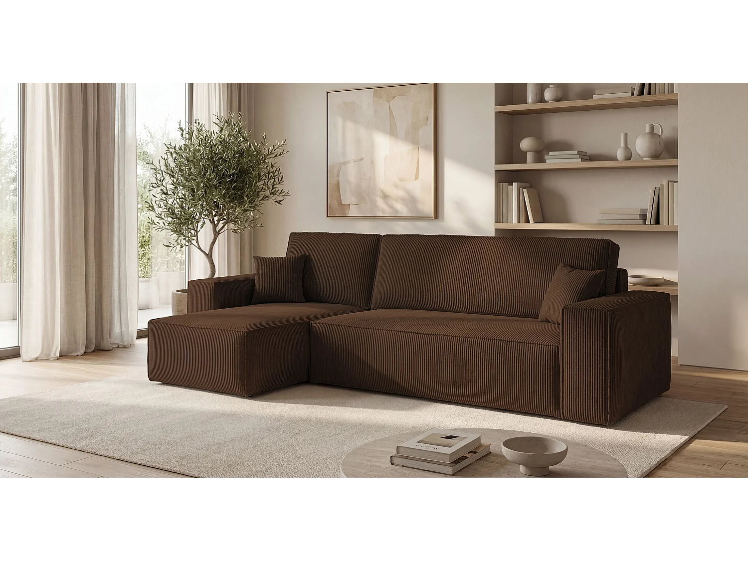Canapé d'angle CALIFORNIA MINI gauche marron velours côtelé Poso 6 - fonction couchage, coffre à literie