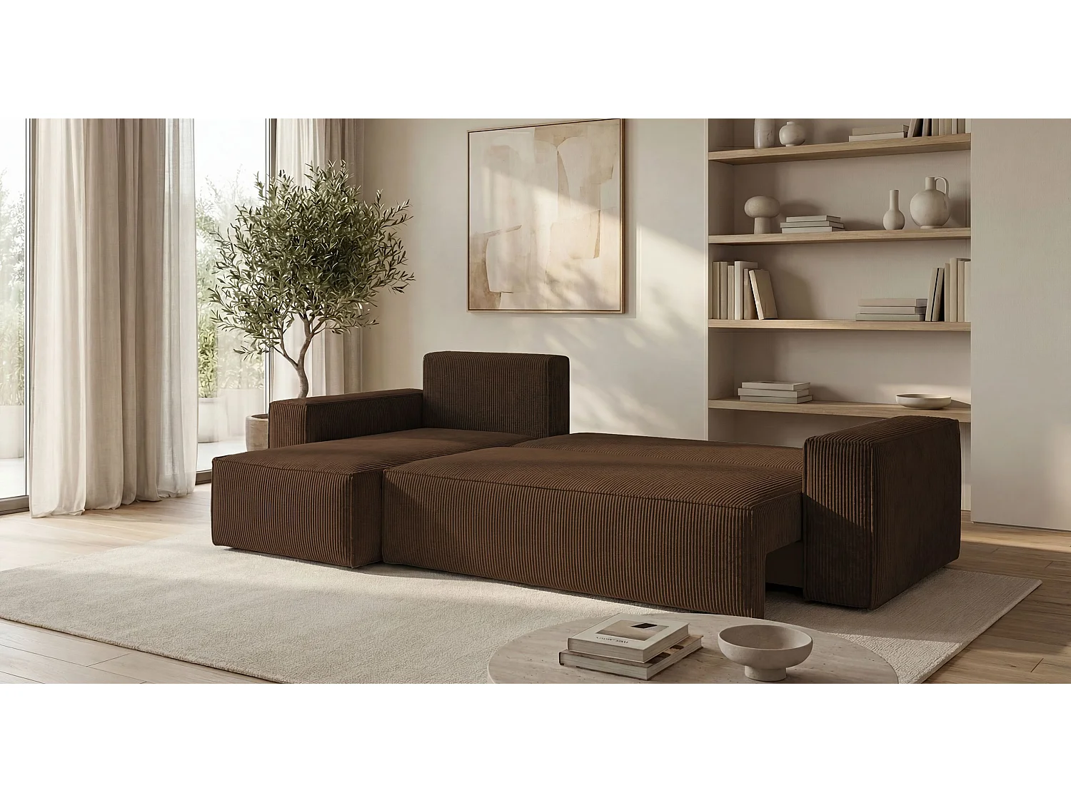 Canapé d'angle CALIFORNIA MINI gauche marron velours côtelé Poso 6 - fonction couchage, coffre à literie