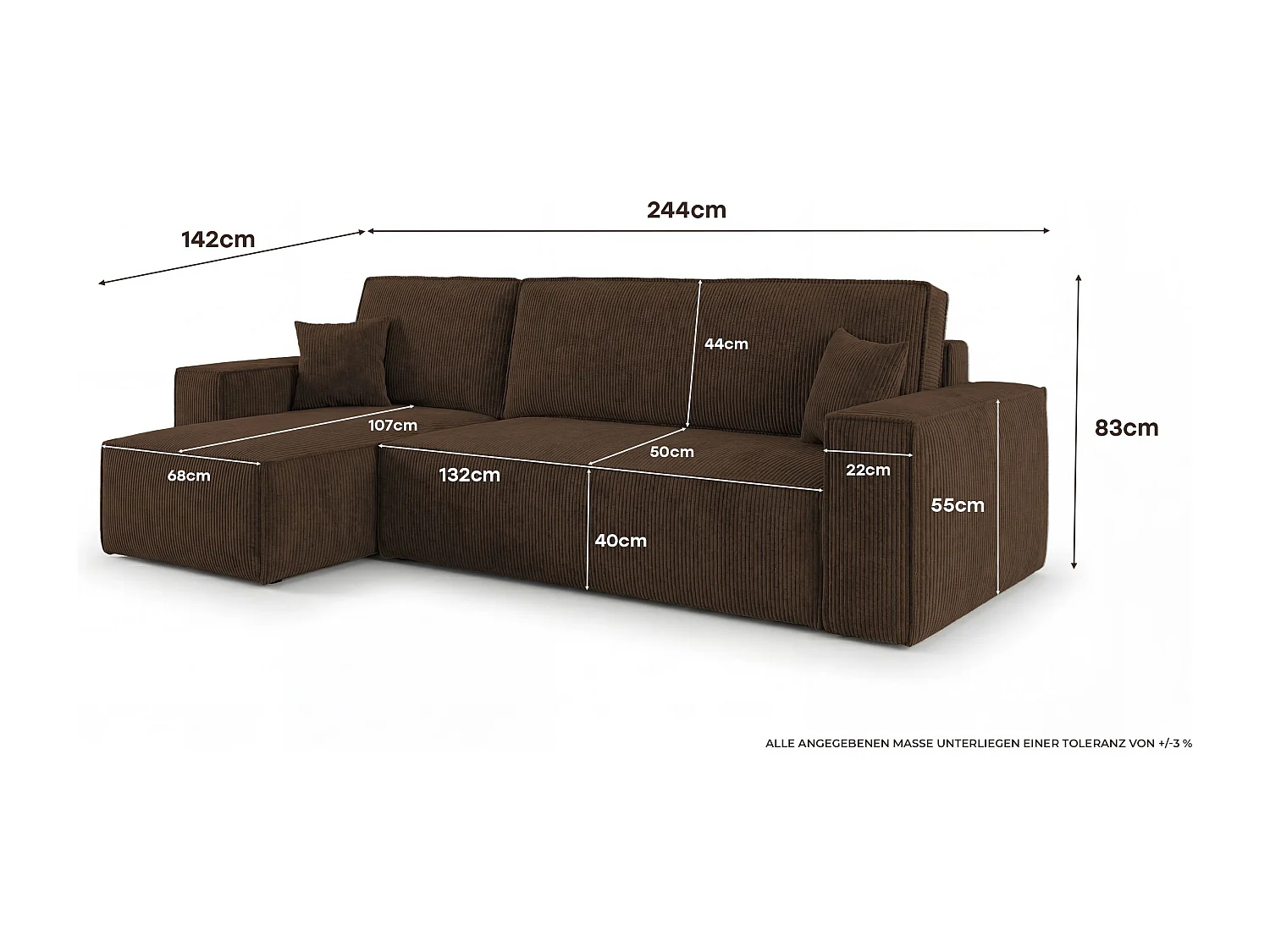 Canapé d'angle CALIFORNIA MINI gauche marron velours côtelé Poso 6 - fonction couchage, coffre à literie