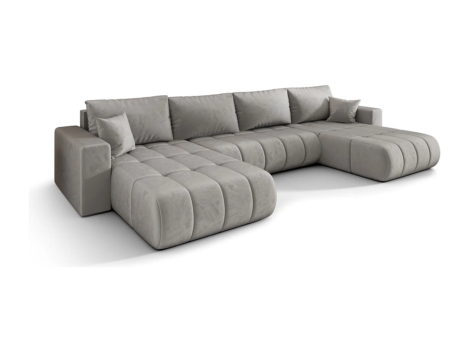 Canapé d'angle LARA PREMIUM en U gris clair velours Monolith 84 - fonction couchage, coffre à literie