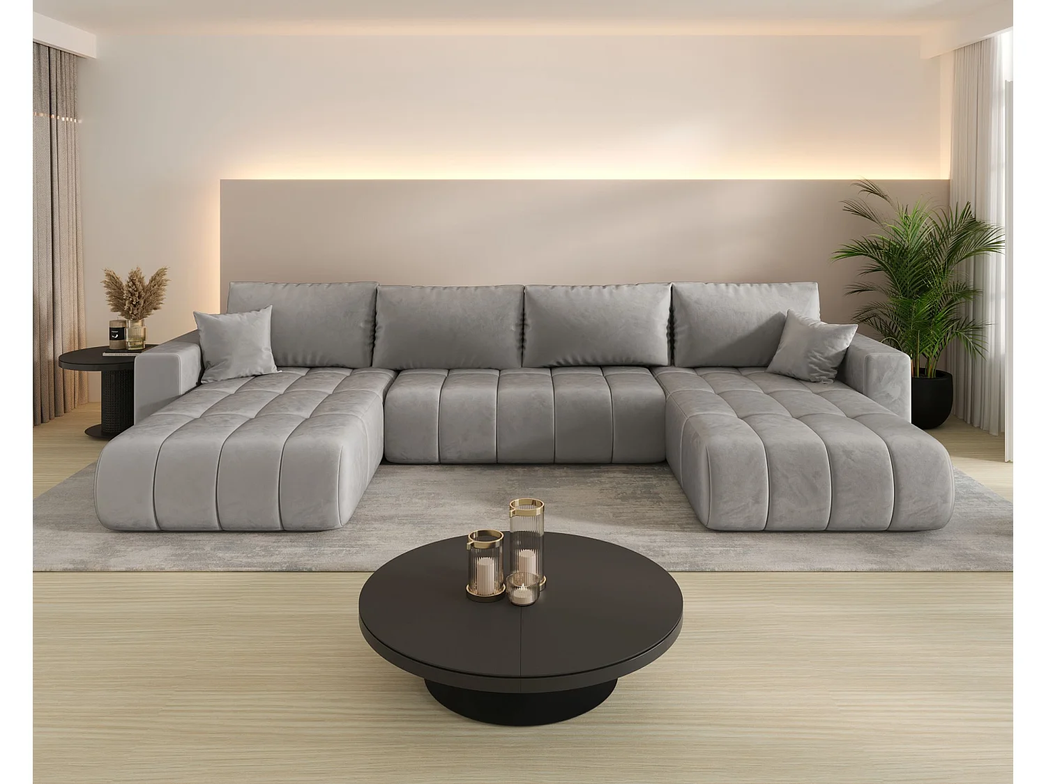 Canapé d'angle LARA PREMIUM en U gris clair velours Monolith 84 - fonction couchage, coffre à literie