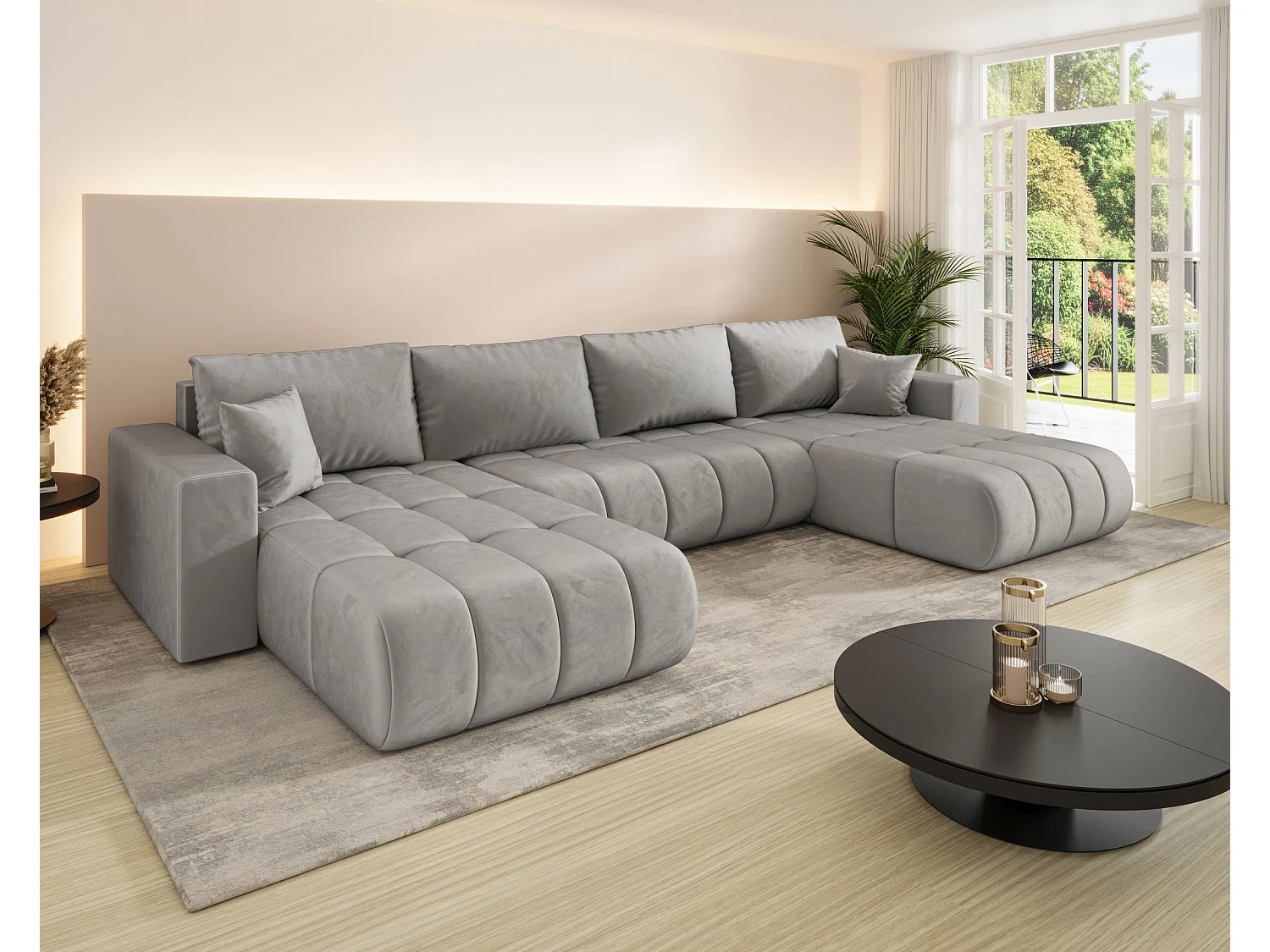 Canapé d'angle LARA PREMIUM en U gris clair velours Monolith 84 - fonction couchage, coffre à literie