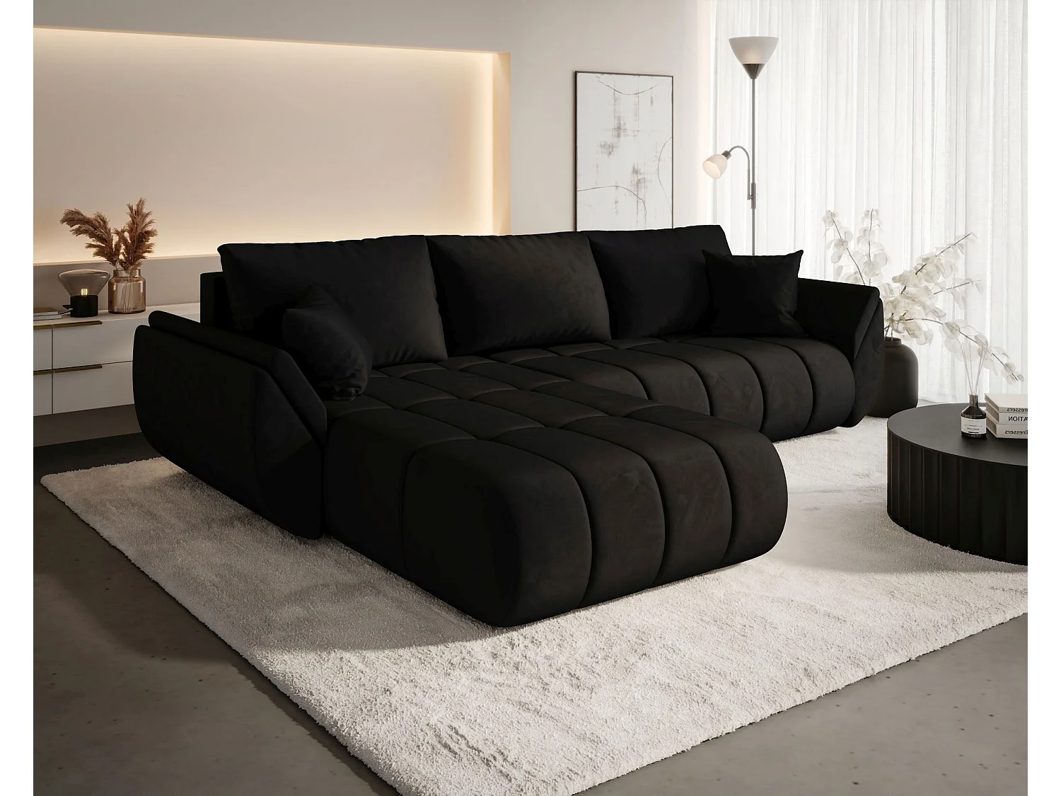 Canapé d'angle SYDNEY PREMIUM gauche noir velours Monolith 97 - fonction couchage, coffre à literie