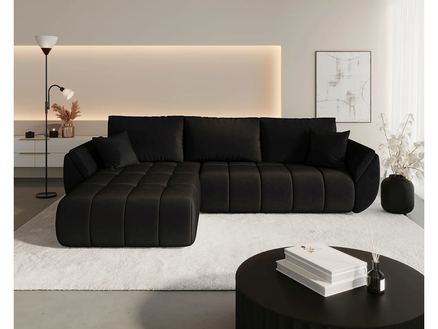 Canapé d'angle SYDNEY PREMIUM gauche noir velours Monolith 97 - fonction couchage, coffre à literie