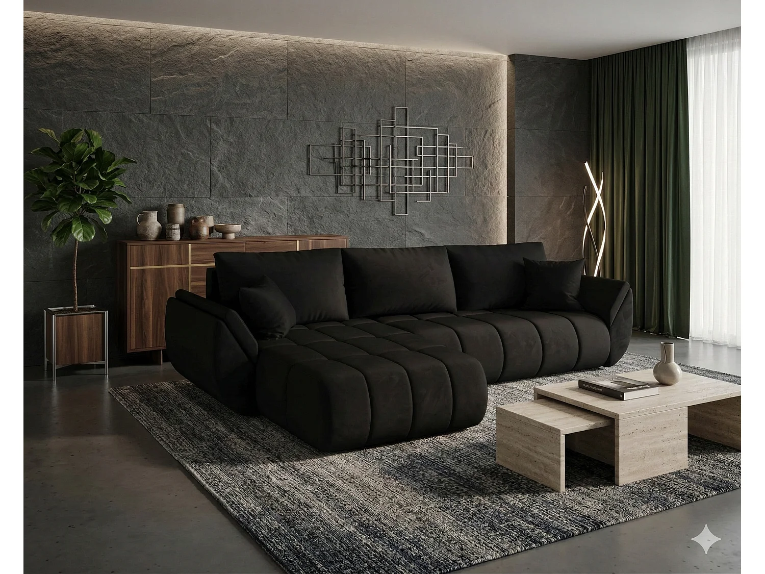Canapé d’angle velours convertible avec coffre design moderne ARCO-Noir-angle gauche