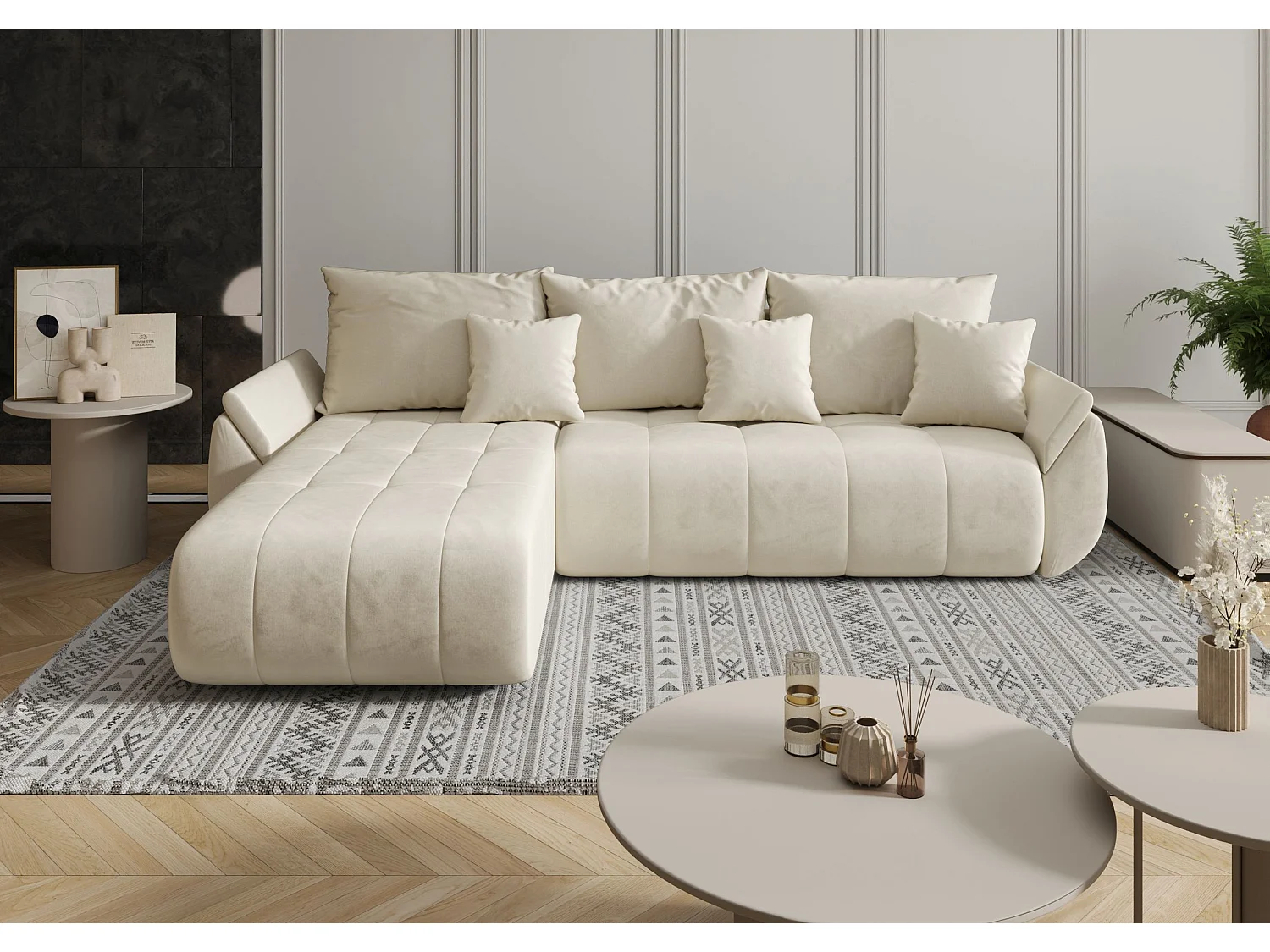 Canapé d'angle SYDNEY gauche beige velours Monolith 2 - fonction couchage, coffre à literie