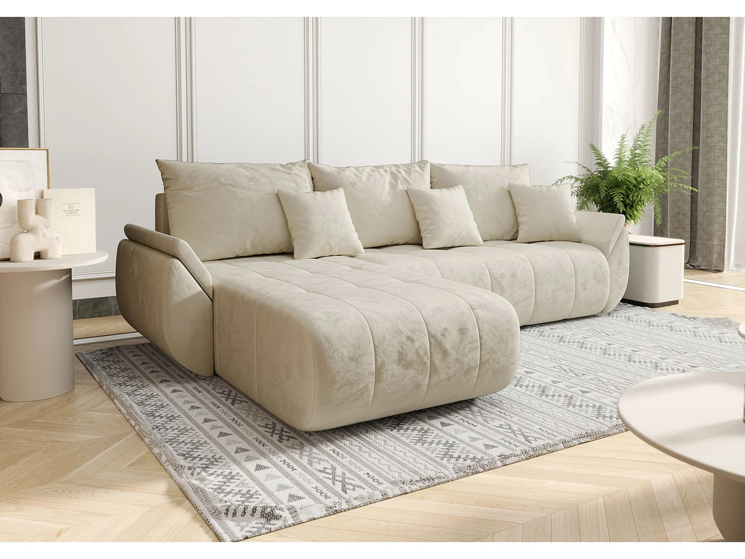 Canapé d'angle SYDNEY gauche beige velours Monolith 2 - fonction couchage, coffre à literie