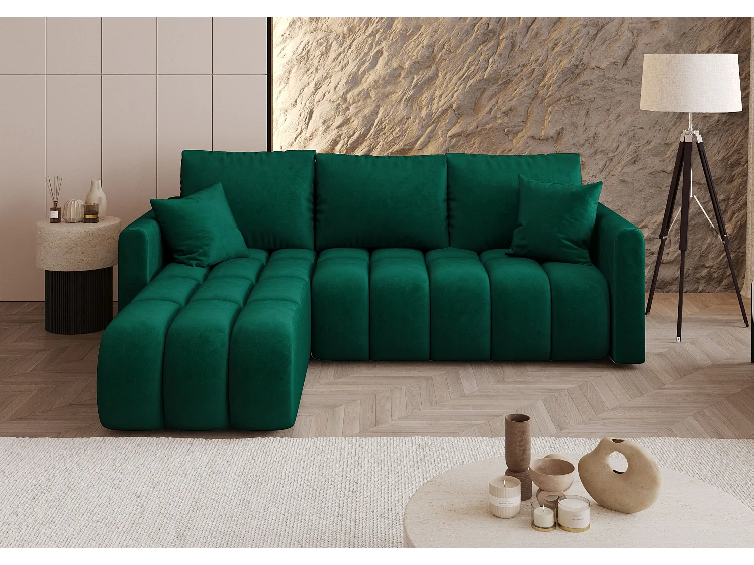 Canapé d'angle GARDA gauche vert velours Monolith 37 - fonction couchage, coffre à literie