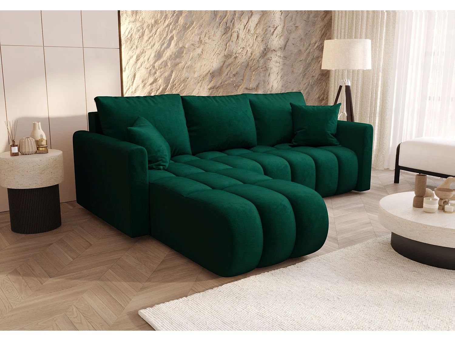 Canapé d'angle GARDA gauche vert velours Monolith 37 - fonction couchage, coffre à literie