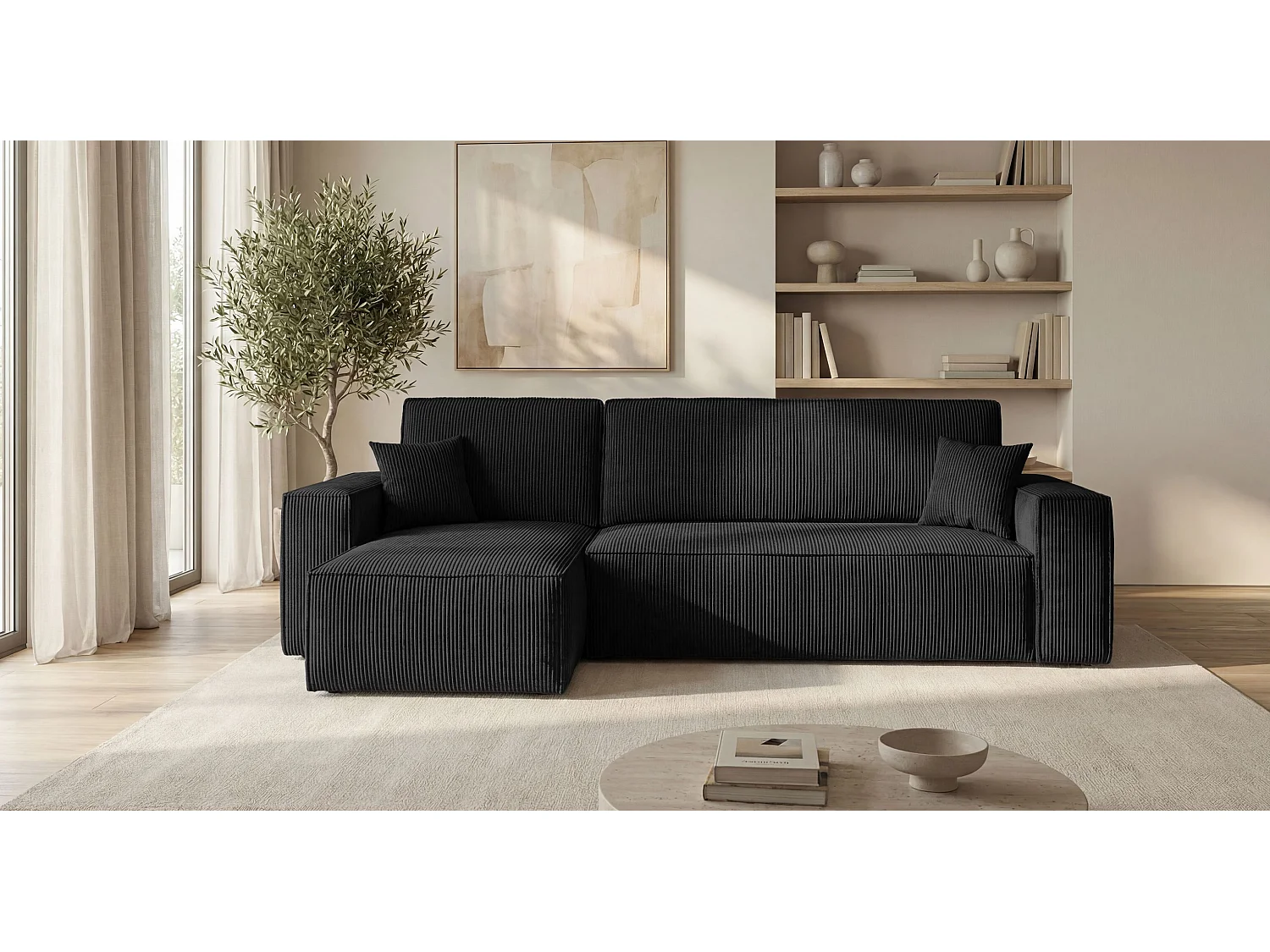 Canapé d'angle CALIFORNIA MINI gauche noir velours côtelé Poso 135 - fonction couchage, coffre à literie