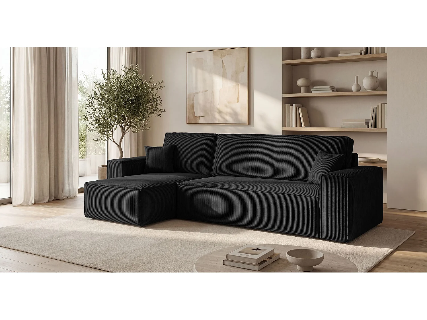 Canapé d'angle CALIFORNIA MINI gauche noir velours côtelé Poso 135 - fonction couchage, coffre à literie