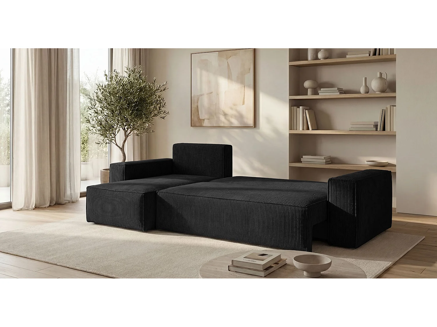 Canapé d'angle CALIFORNIA MINI gauche noir velours côtelé Poso 135 - fonction couchage, coffre à literie