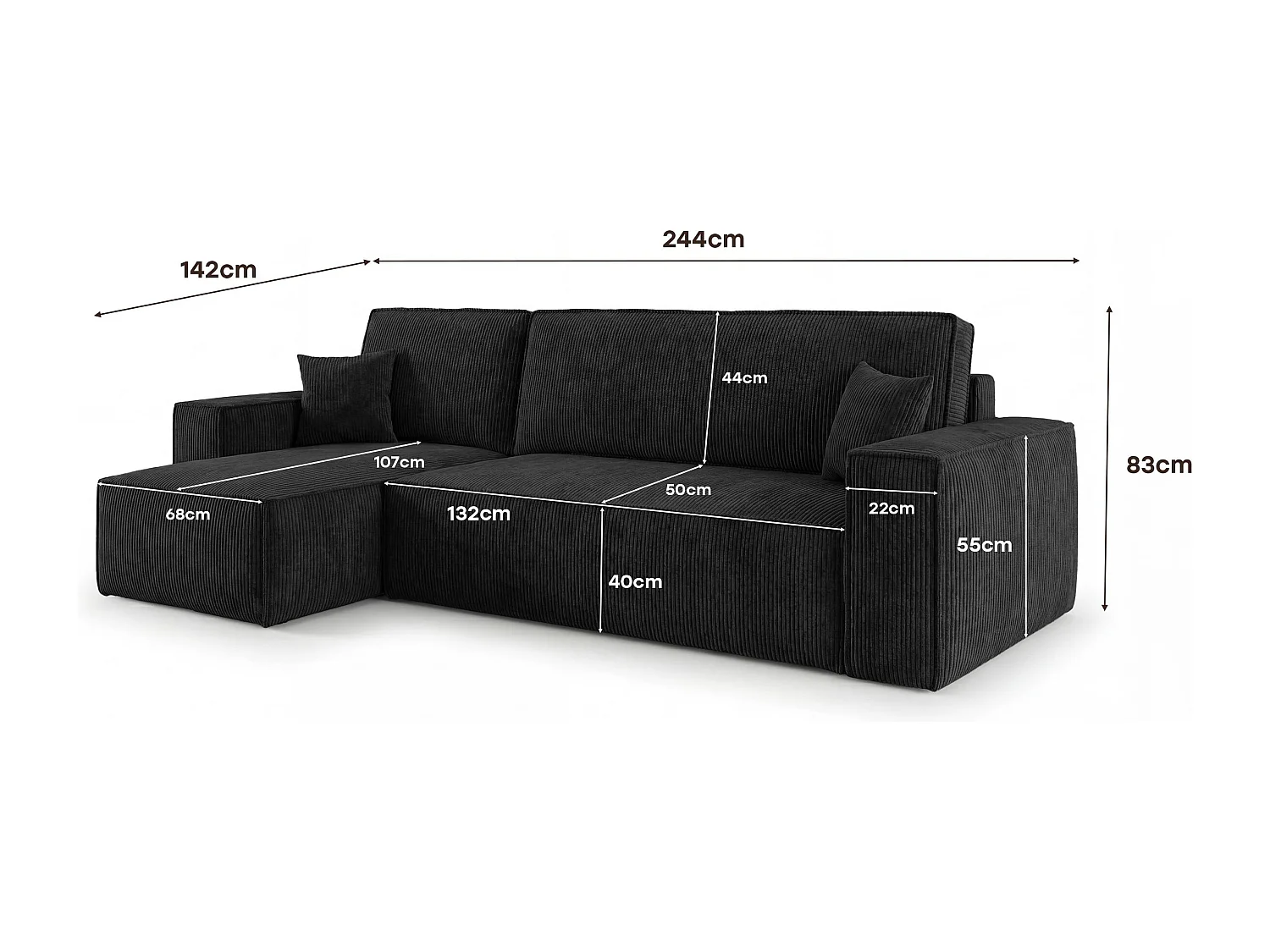 Canapé d'angle CALIFORNIA MINI gauche noir velours côtelé Poso 135 - fonction couchage, coffre à literie