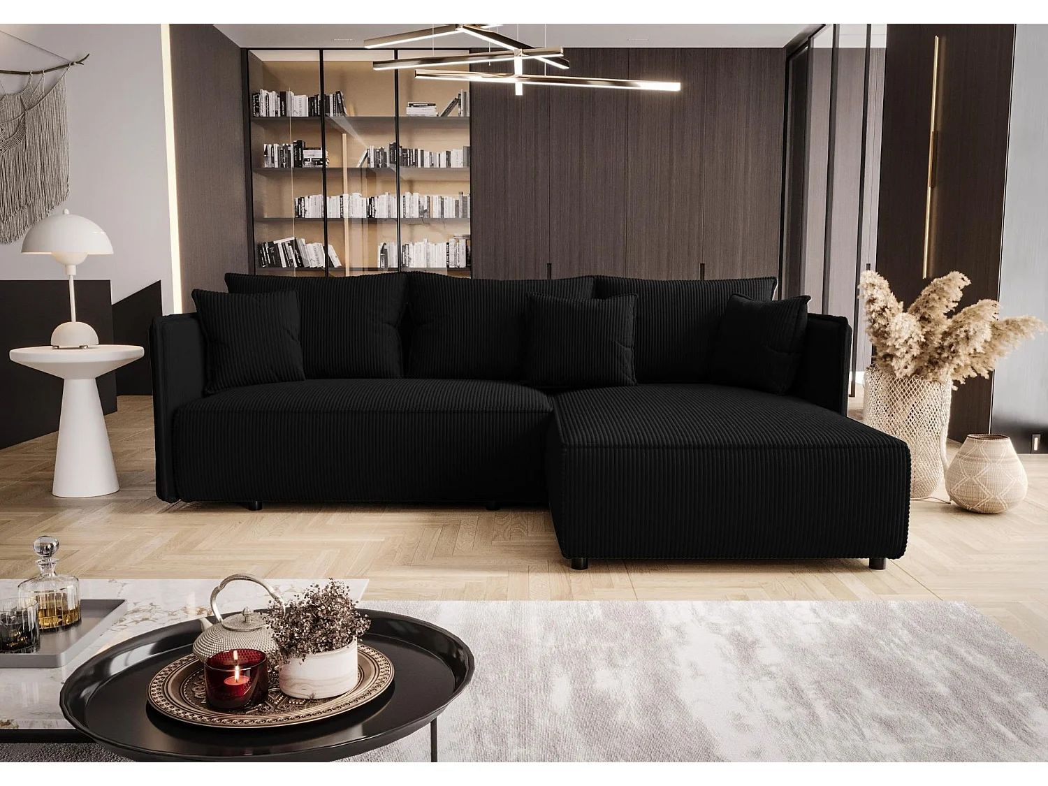 Canapé d'angle MILANO droit noir velours côtelé Poso 135 - fonction couchage, coffre à literie