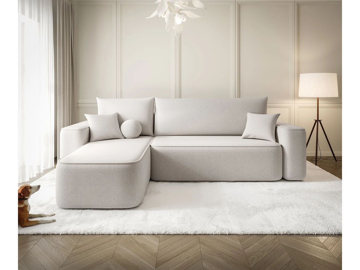 Canapé d'angle TEXAS gauche beige clair tricot Curio 2 - fonction couchage, coffre à literie