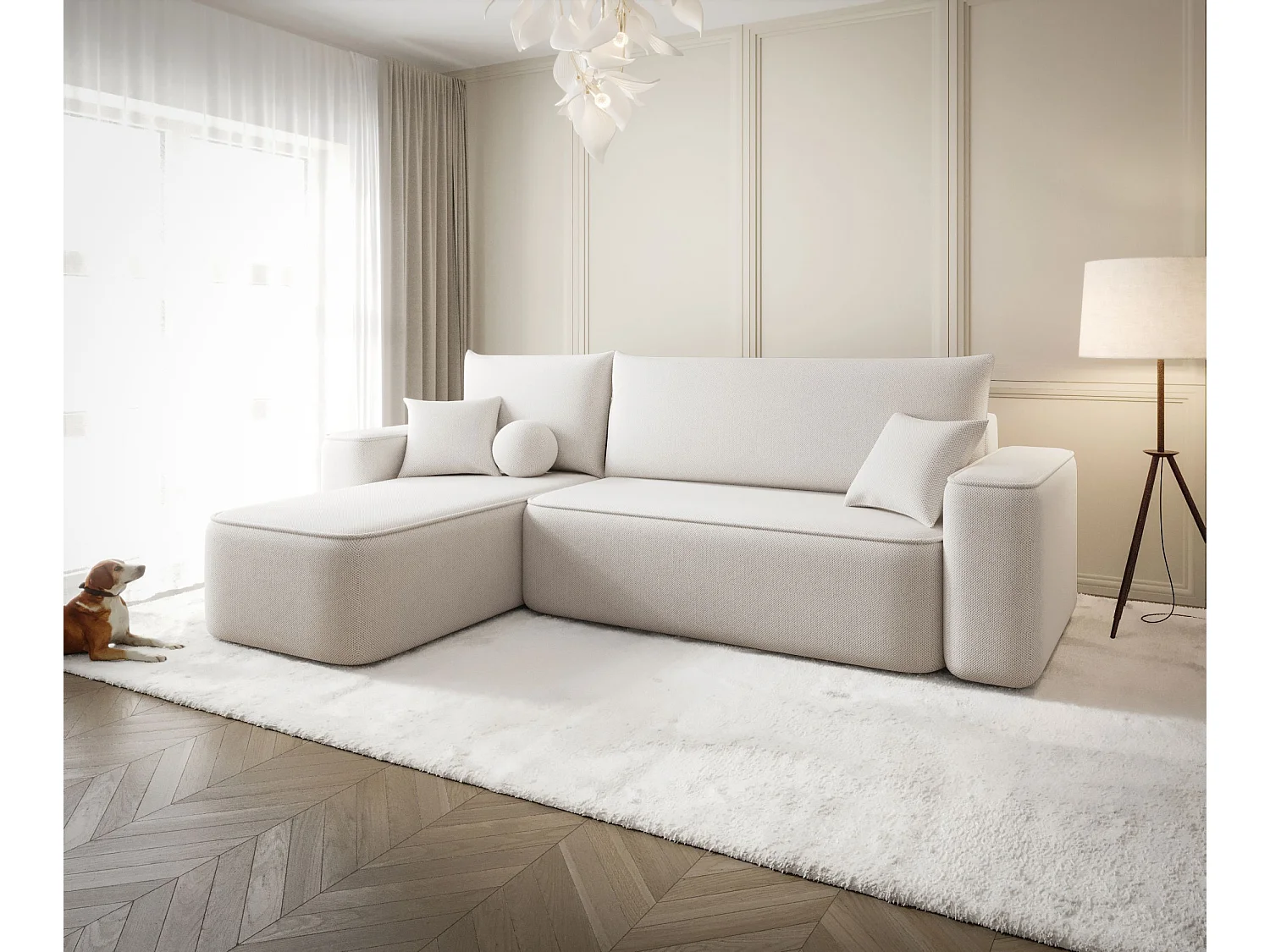 Canapé d'angle TEXAS gauche beige clair tricot Curio 2 - fonction couchage, coffre à literie