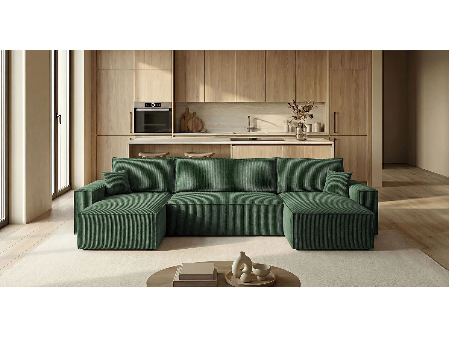Canapé d'angle CALIFORNIA MINI en U vert velours côtelé Poso 14 - fonction couchage, coffre à literie