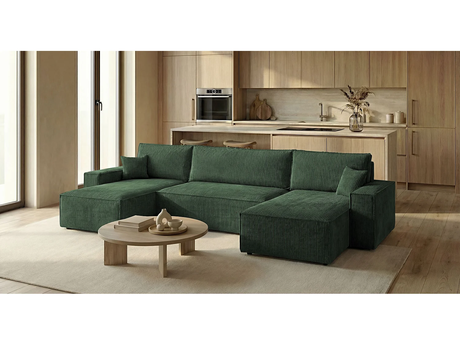 Canapé d'angle CALIFORNIA MINI en U vert velours côtelé Poso 14 - fonction couchage, coffre à literie