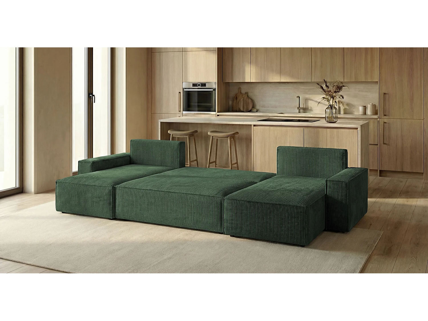 Canapé d'angle CALIFORNIA MINI en U vert velours côtelé Poso 14 - fonction couchage, coffre à literie