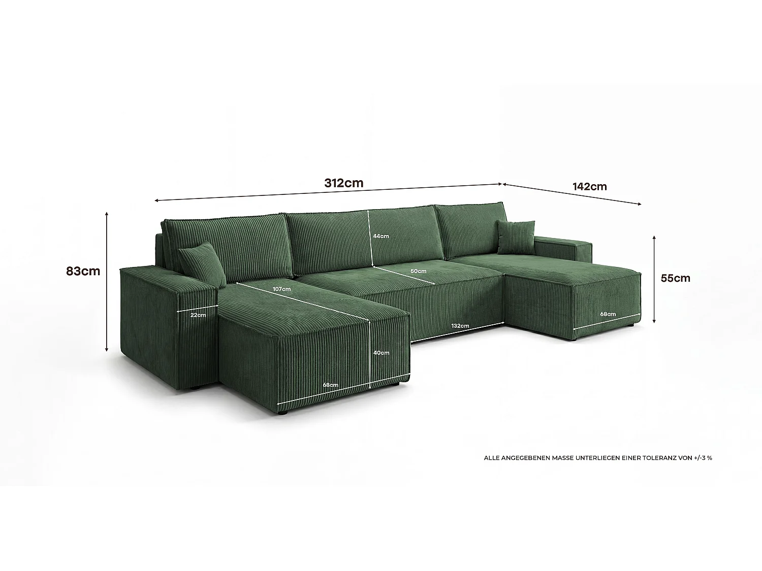 Canapé d'angle CALIFORNIA MINI en U vert velours côtelé Poso 14 - fonction couchage, coffre à literie