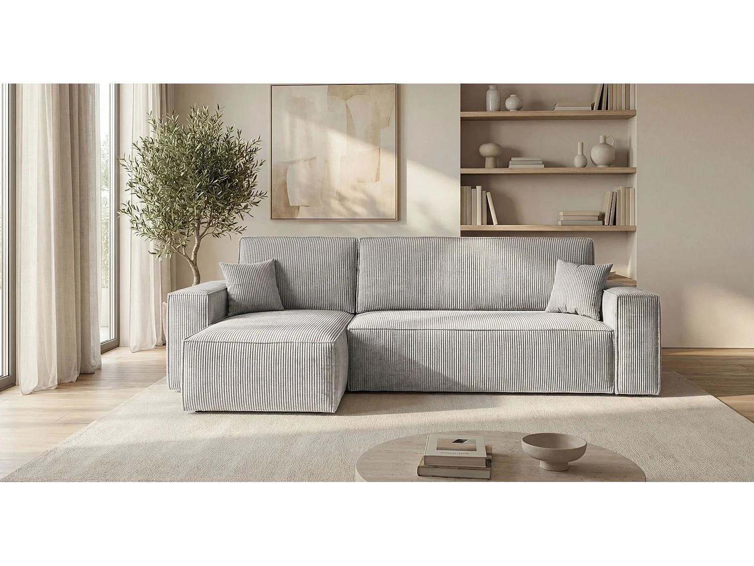 Canapé d'angle CALIFORNIA MINI gauche gris velours côtelé Poso 55 - fonction couchage, coffre à literie