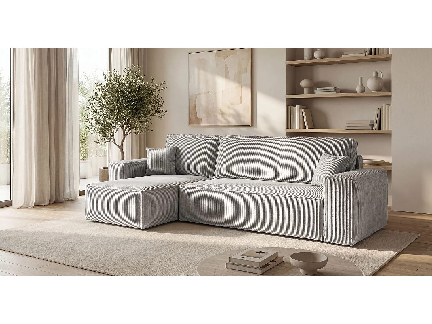 Canapé d'angle CALIFORNIA MINI gauche gris velours côtelé Poso 55 - fonction couchage, coffre à literie