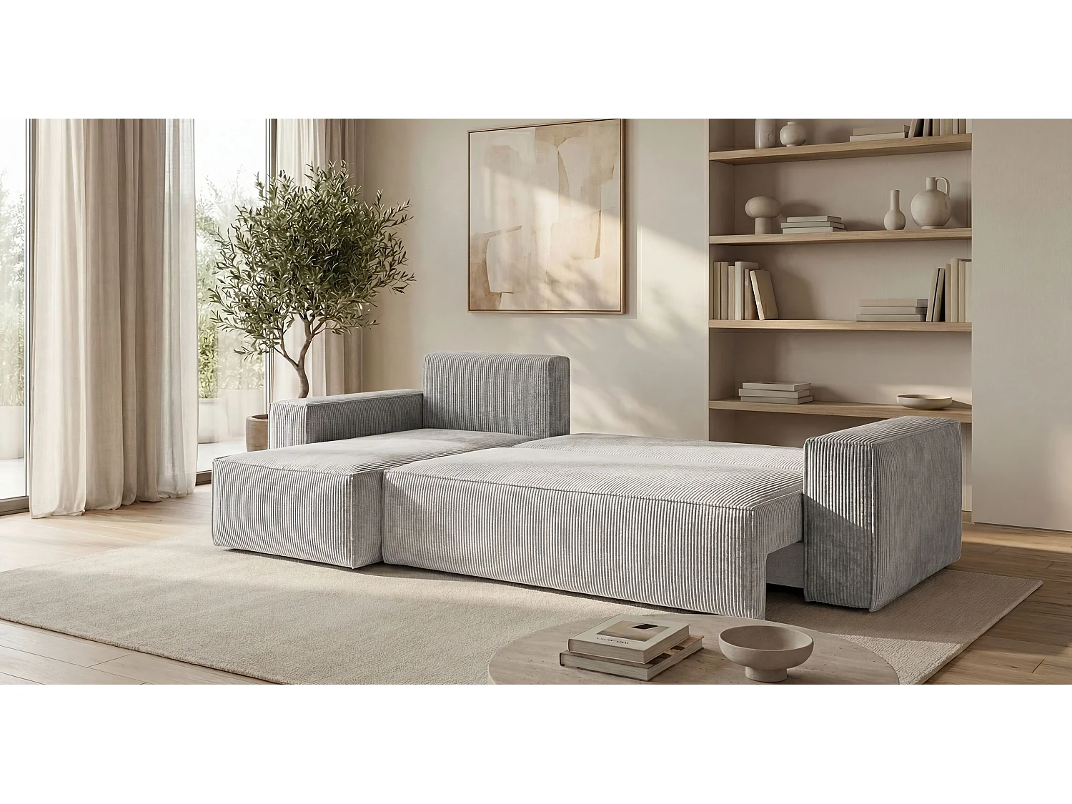 Canapé d'angle CALIFORNIA MINI gauche gris velours côtelé Poso 55 - fonction couchage, coffre à literie