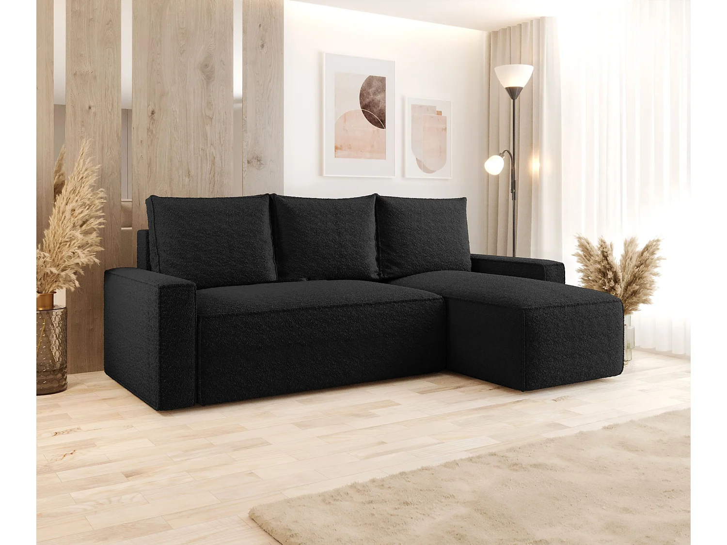 Canapé d'angle HAVANA droit noir Bukle Quelle 100 - fonction couchage, coffre à literie