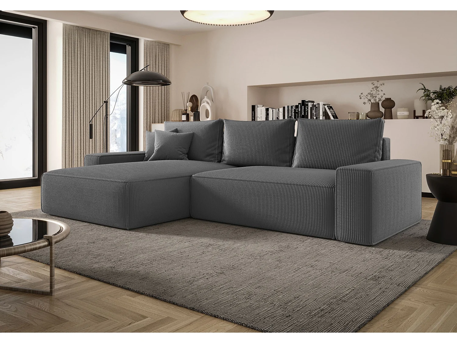 Canapé d'angle CALIFORNIA gauche gris foncé velours côtelé Poso 60 - fonction couchage, coffre à literie