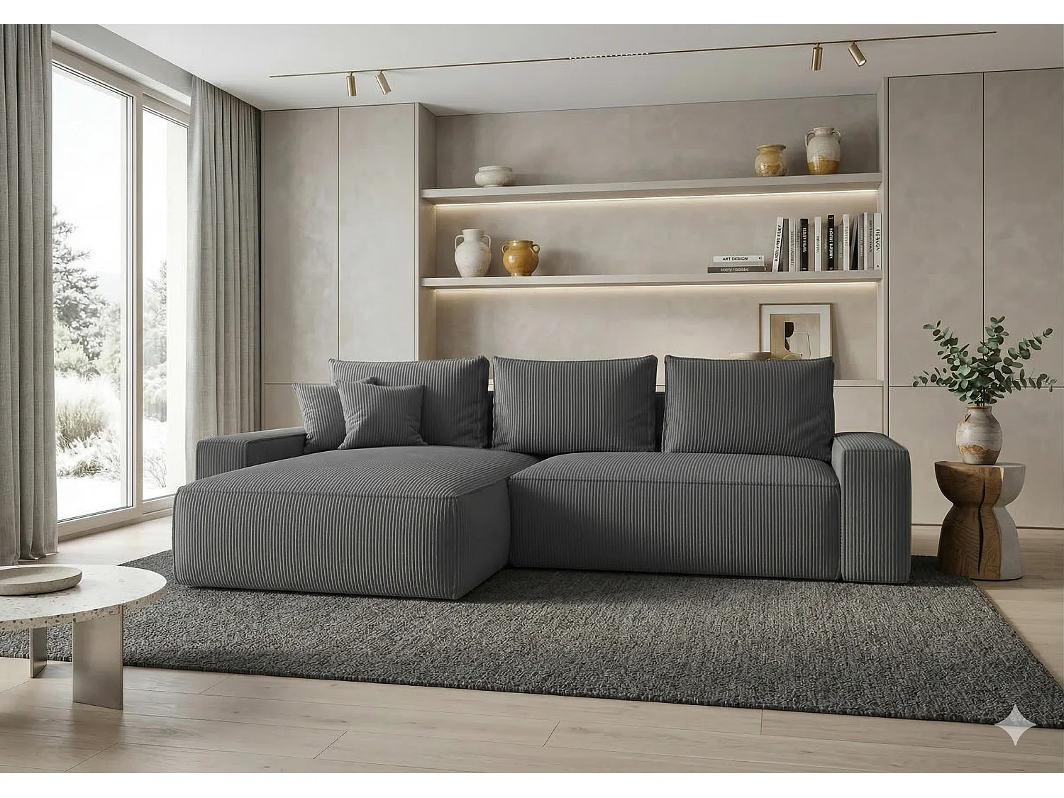 Canapé d’angle velours convertible avec coffre NINA-Gris foncé-angle gauche