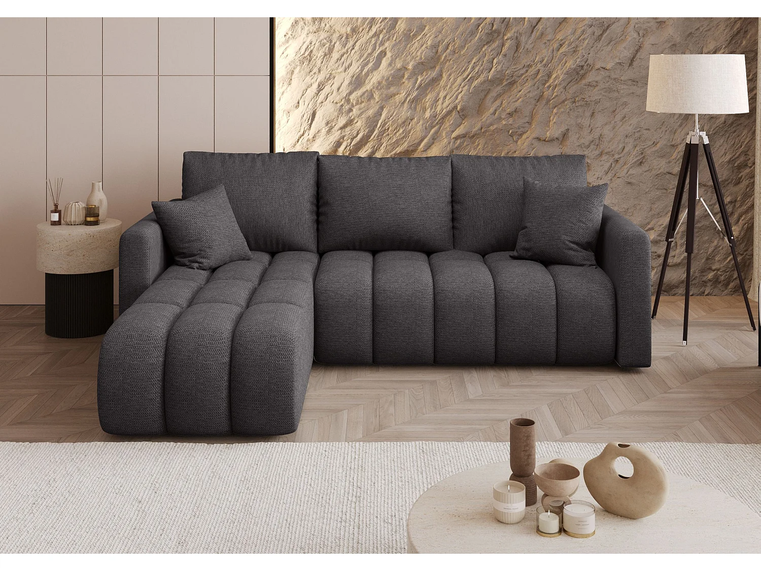 Canapé d'angle GARDA gauche gris tricot Aragon 93 - fonction couchage, coffre à literie