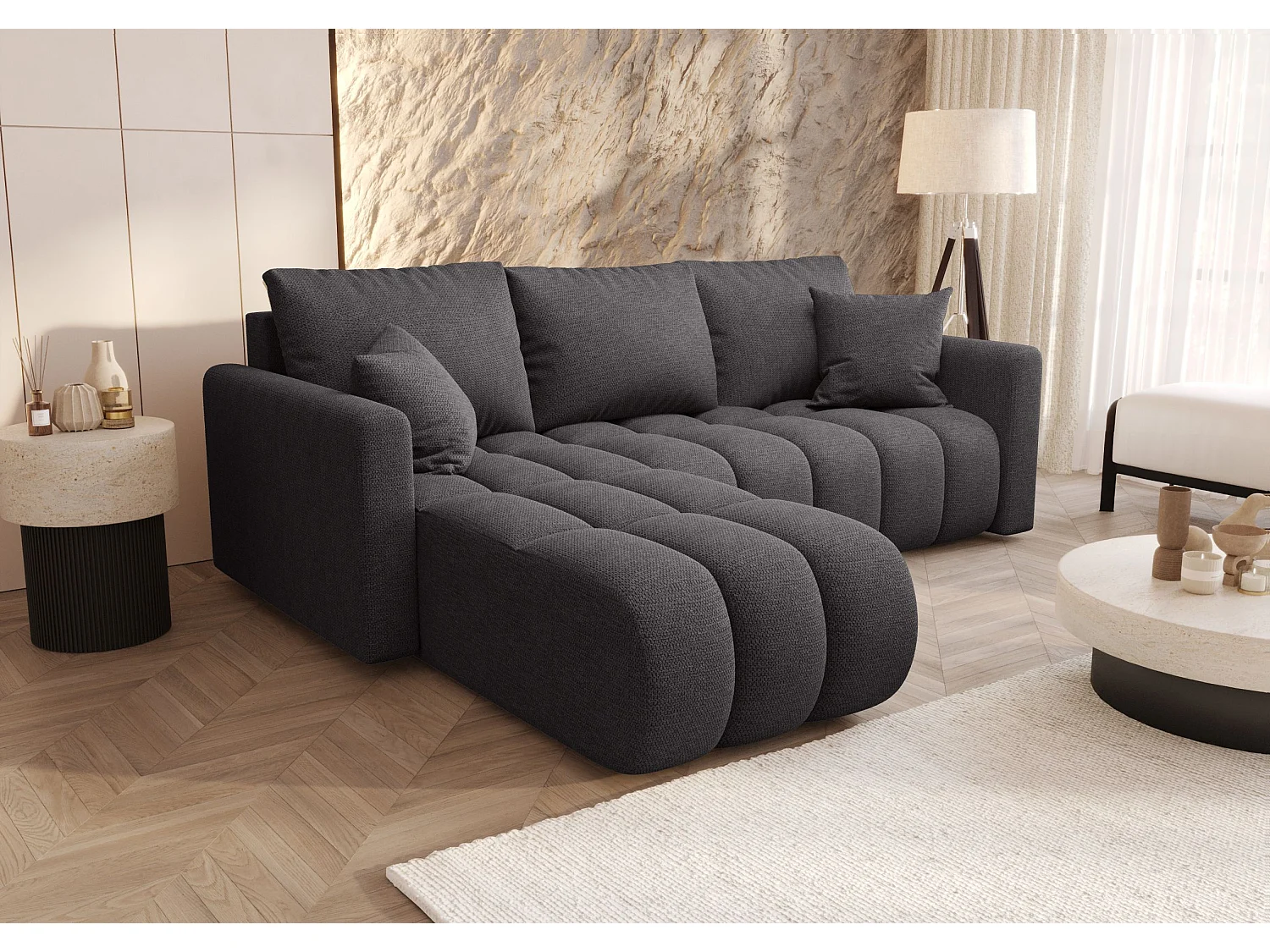 Canapé d'angle GARDA gauche gris tricot Aragon 93 - fonction couchage, coffre à literie