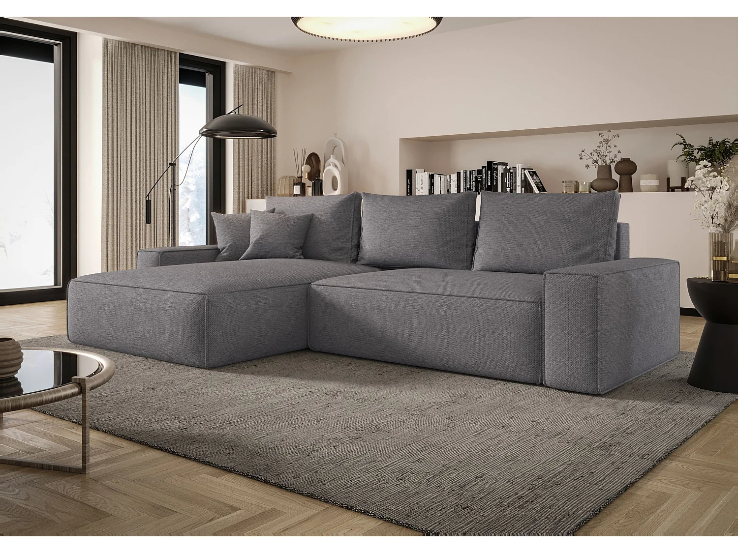 Canapé d'angle CALIFORNIA gauche gris tricot Aragon 93 - fonction couchage, coffre à literie