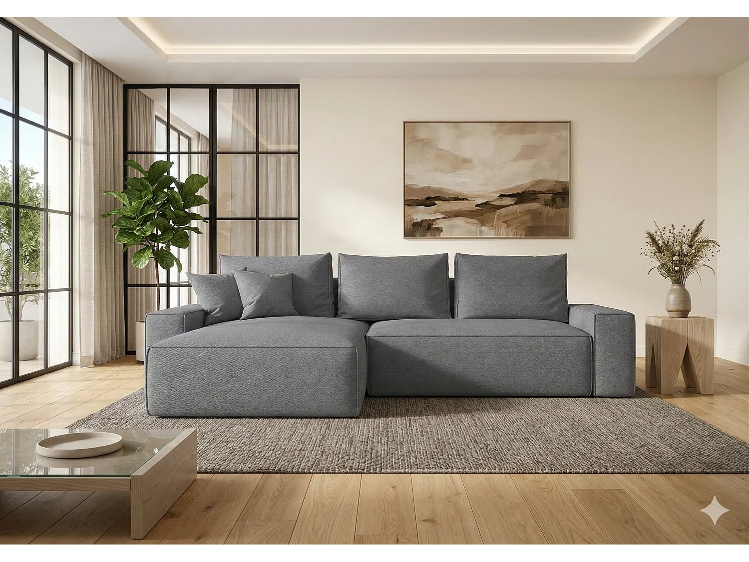 Canapé d’angle tissu tressé convertible avec coffre NINA-Gris foncé-angle gauche