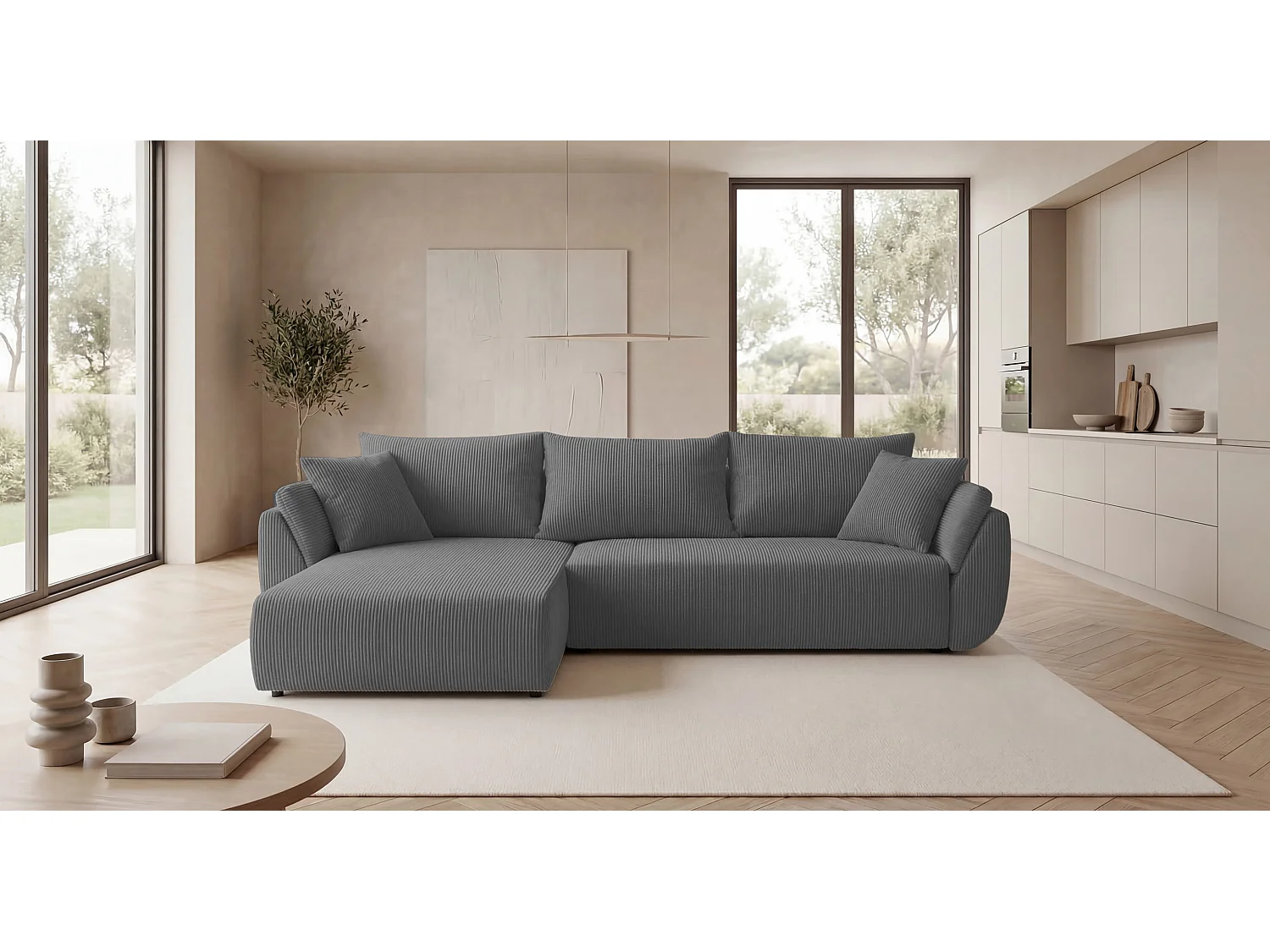 Canapé d'angle SYDNEY gauche gris velours côtelé Poso 55 - fonction couchage, coffre à literie