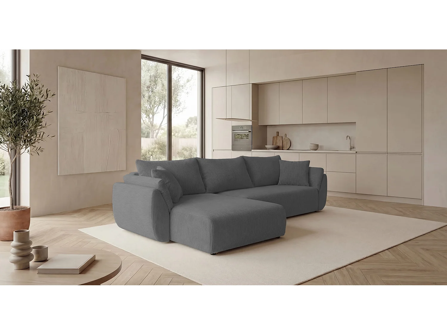 Canapé d'angle SYDNEY gauche gris velours côtelé Poso 55 - fonction couchage, coffre à literie