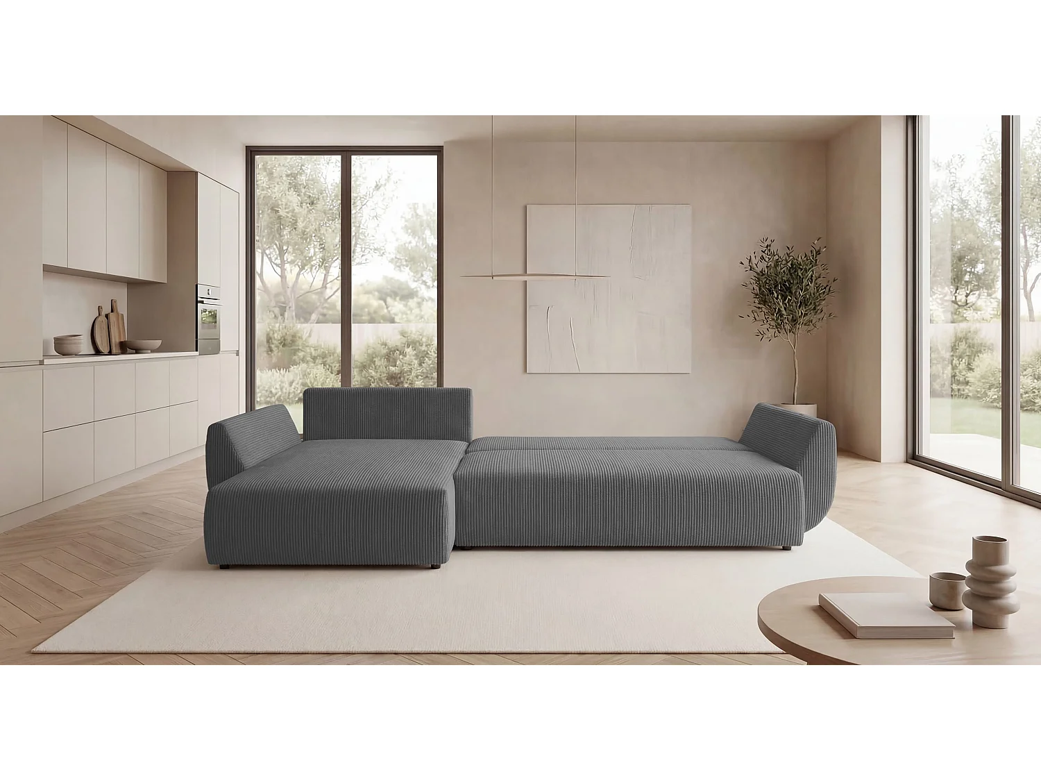 Canapé d'angle SYDNEY gauche gris velours côtelé Poso 55 - fonction couchage, coffre à literie