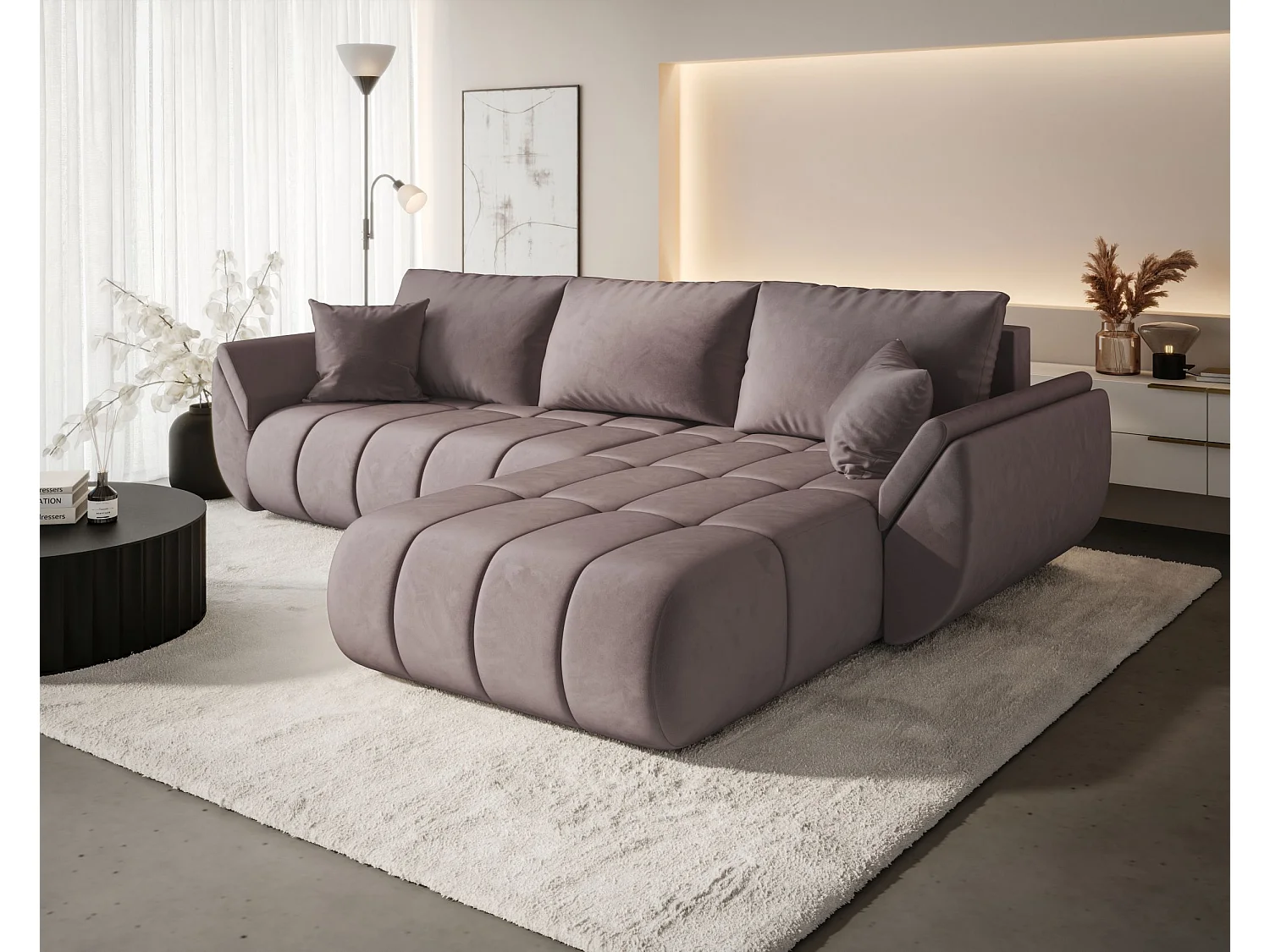 Canapé d'angle SYDNEY PREMIUM droit rose foncé velours Monolith 62 - fonction couchage, coffre à literie
