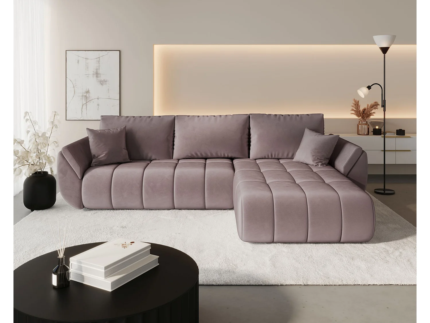 Canapé d'angle SYDNEY PREMIUM droit rose foncé velours Monolith 62 - fonction couchage, coffre à literie