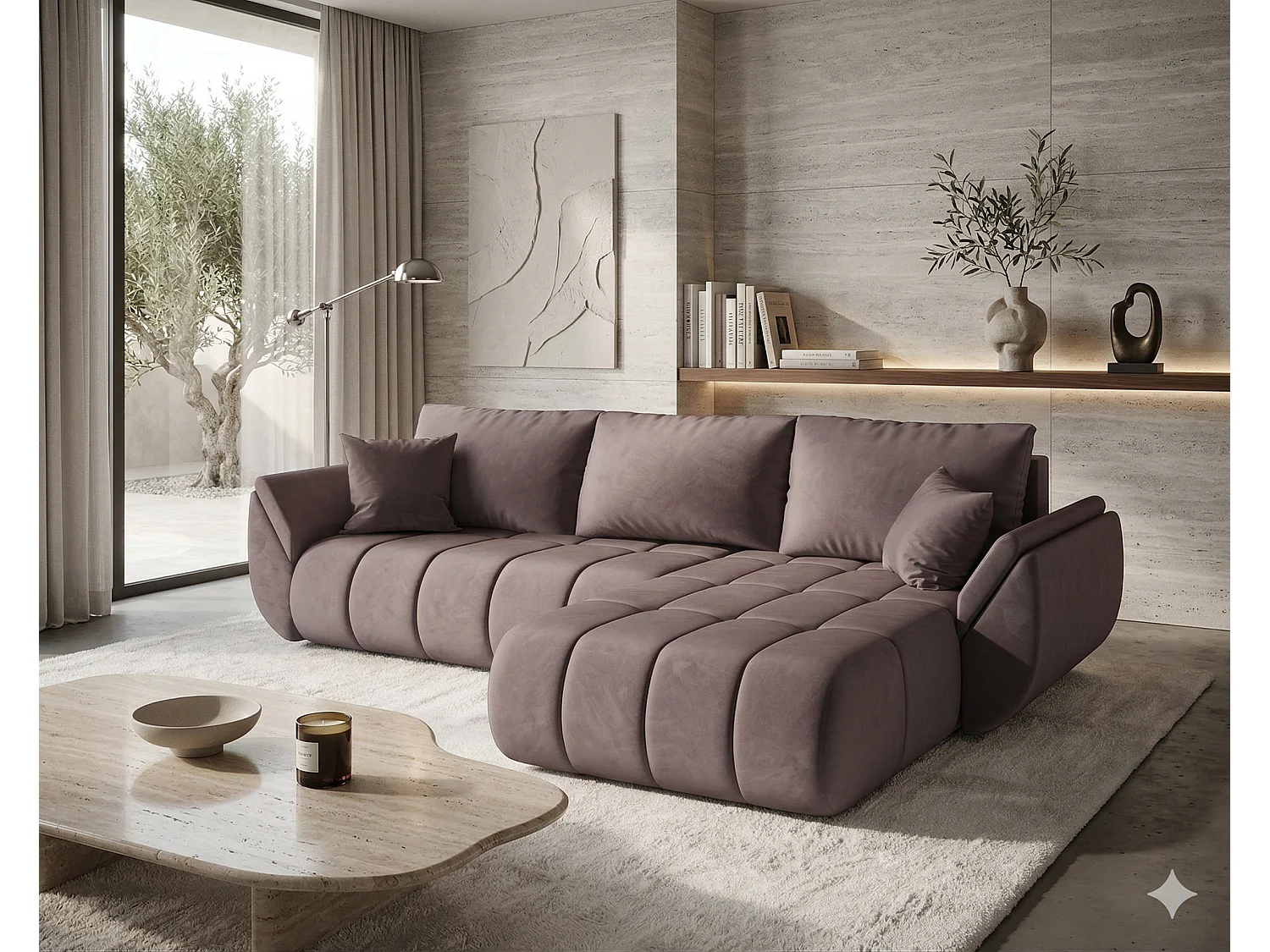 ARCO moderne design hoekbank van fluweel met opbergruimte-Oud roze-juiste hoek