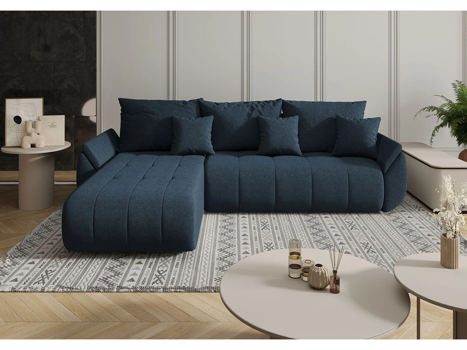 Canapé d'angle SYDNEY gauche bleu tricot Wind 77 - fonction couchage, coffre à literie