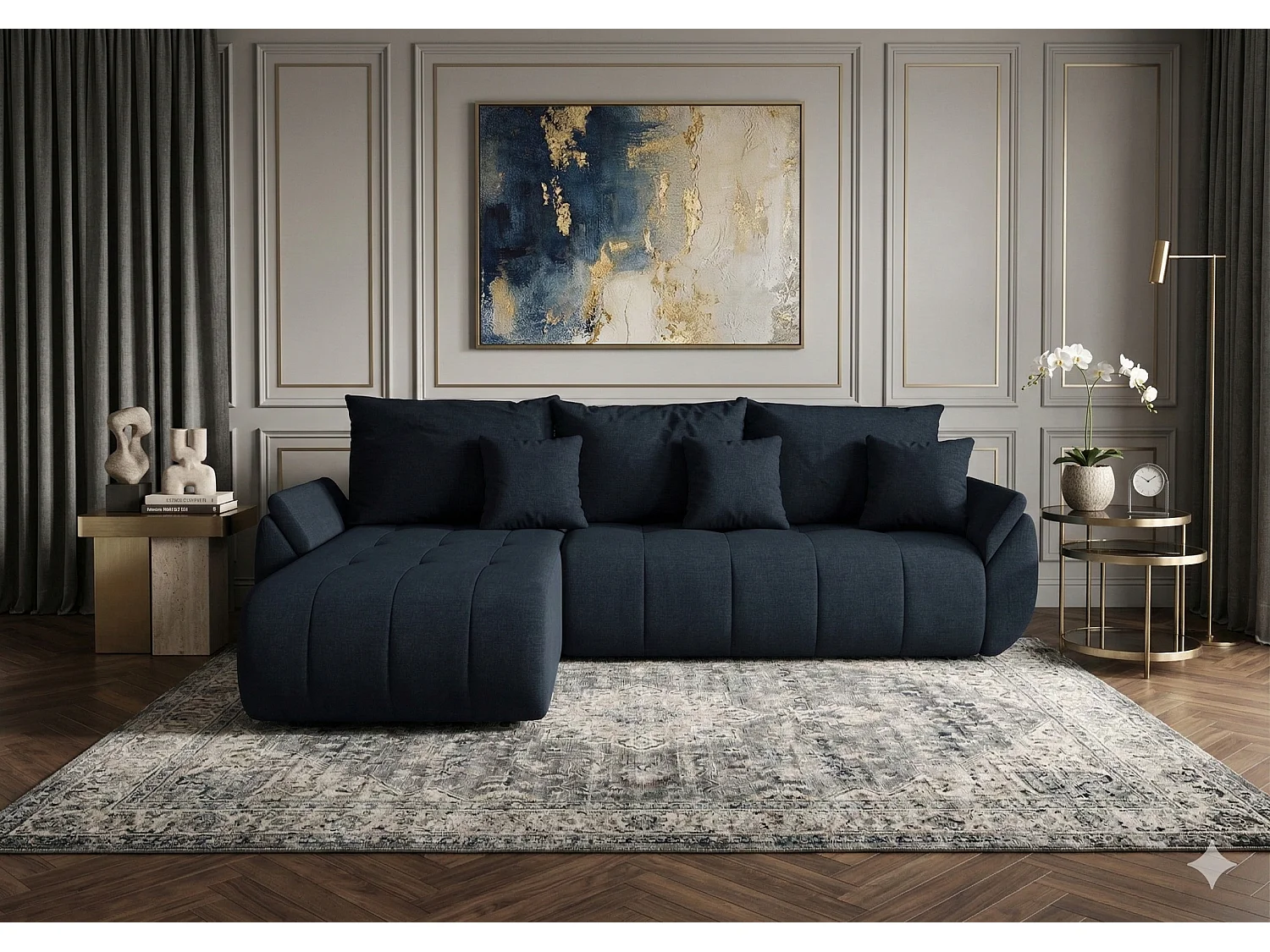 Canapé d’angle velours chenille convertible avec coffre NOVA-Bleu foncé-angle gauche