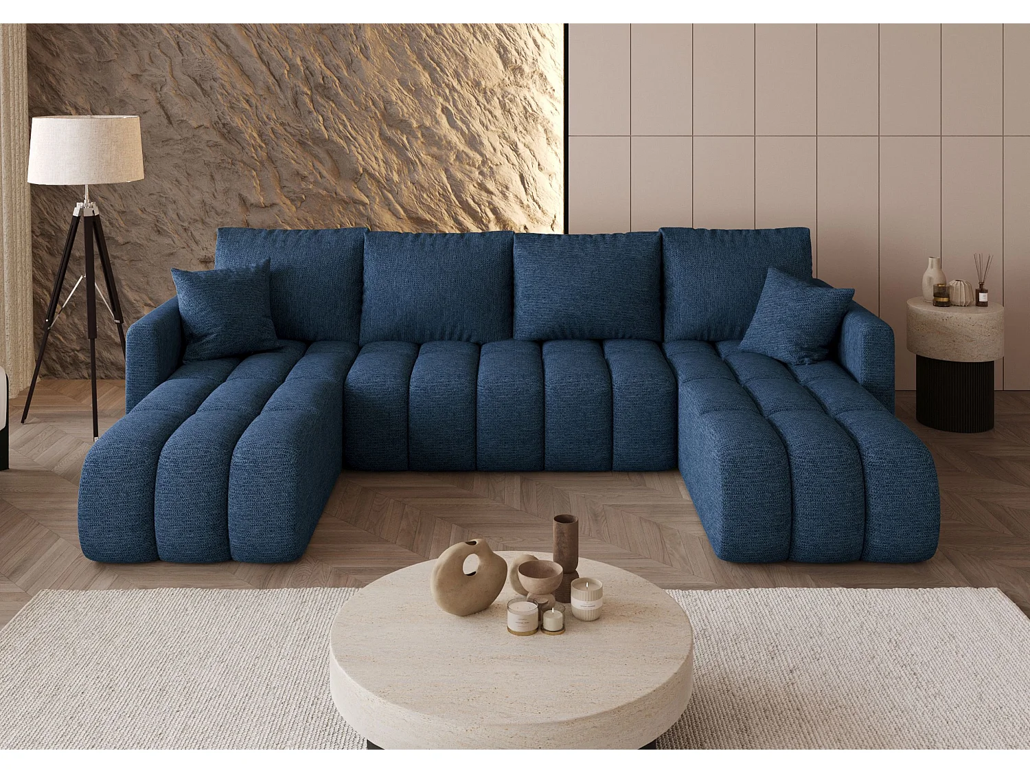 Canapé d'angle GARDA en U bleu foncé tricot Aragon 79 - fonction couchage, coffre à literie