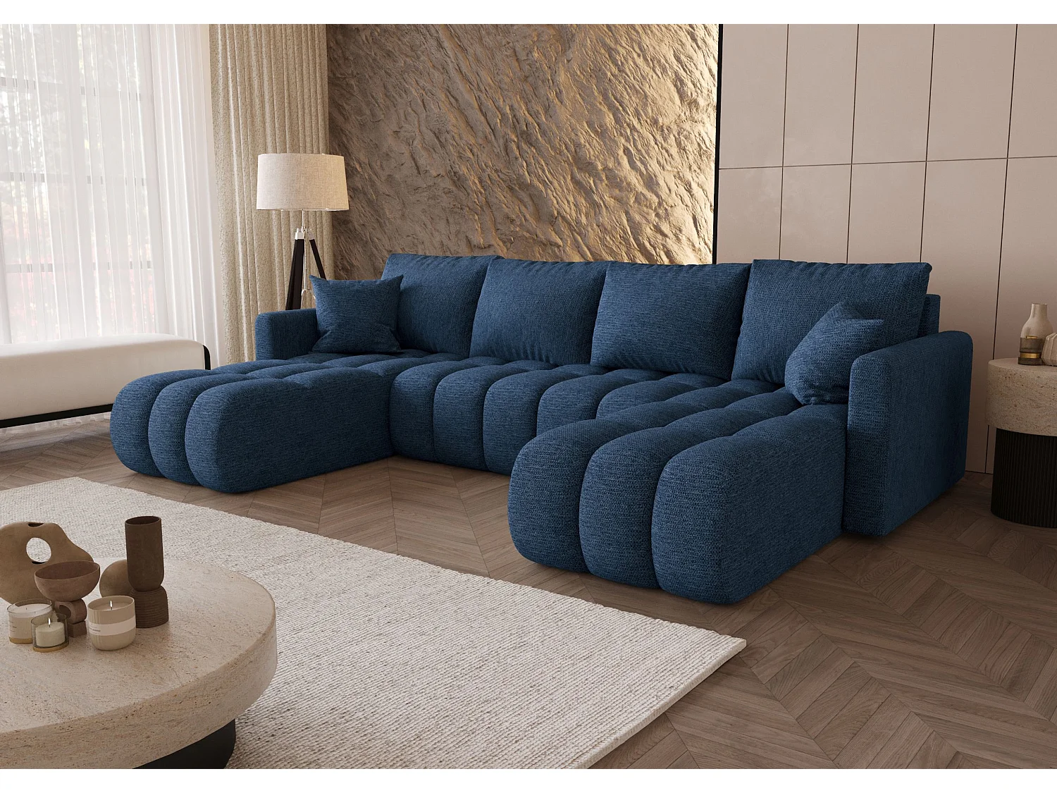 Canapé d'angle GARDA en U bleu foncé tricot Aragon 79 - fonction couchage, coffre à literie