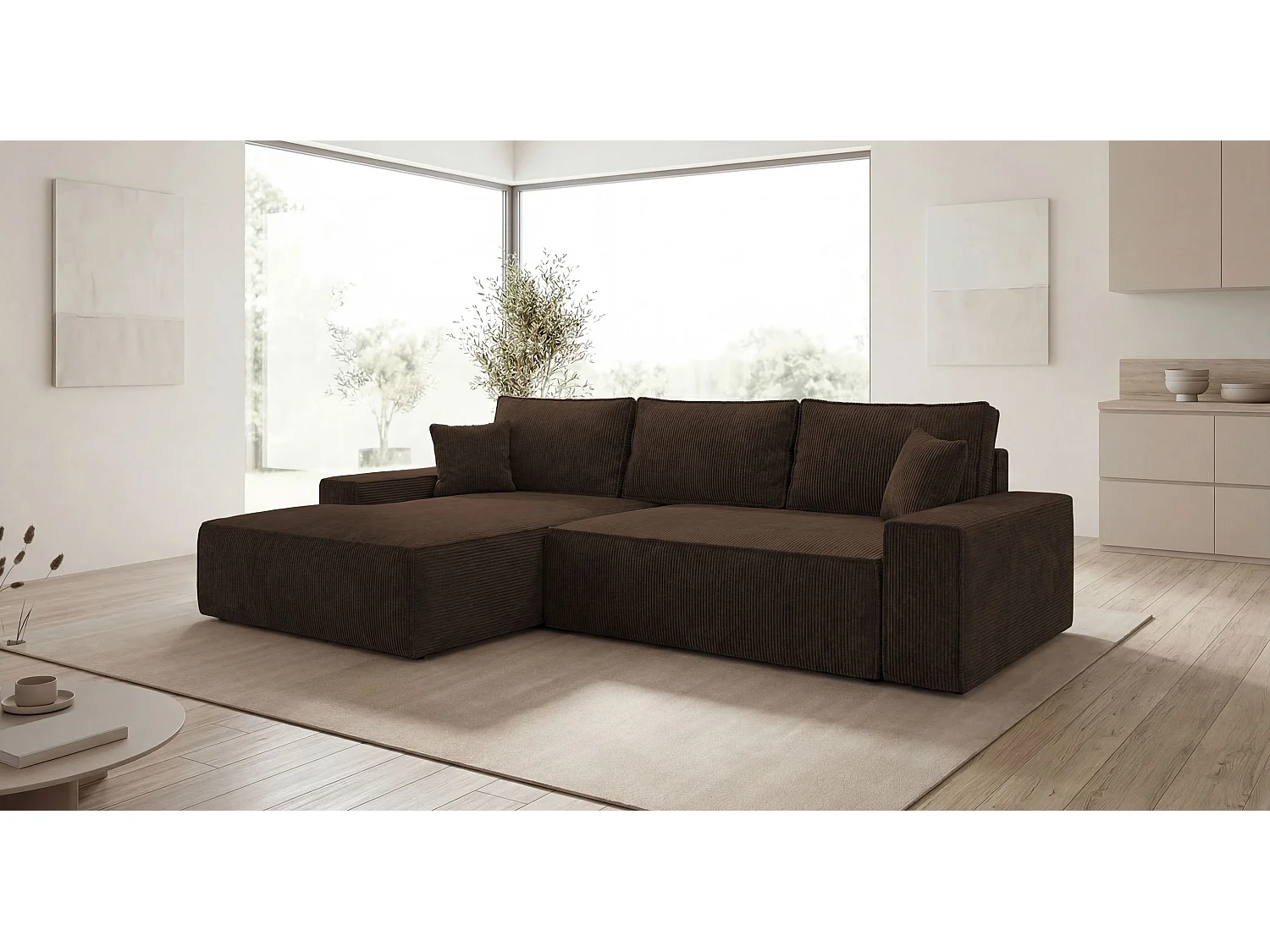 Canapé d'angle VERONA gauche marron velours côtelé Poso 6 - fonction couchage, coffre à literie