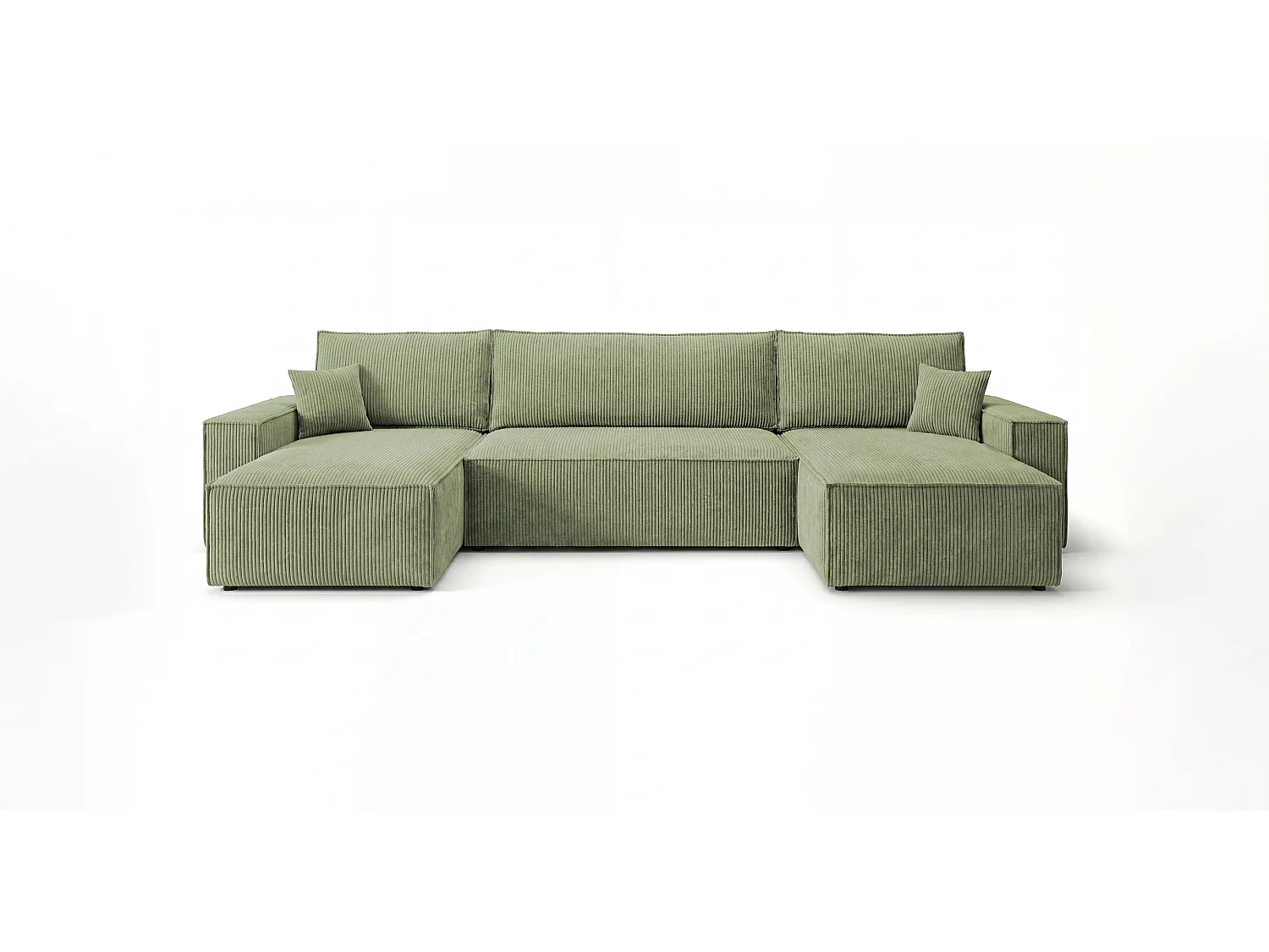 Canapé d'angle CALIFORNIA MINI en U vert clair velours côtelé Poso 47 - fonction couchage, coffre à literie