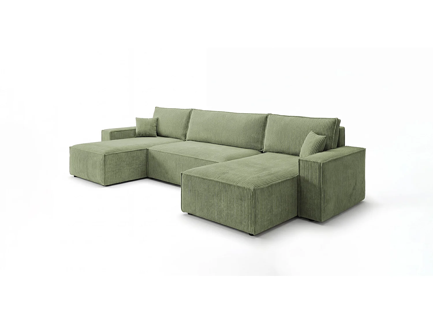 Canapé d'angle CALIFORNIA MINI en U vert clair velours côtelé Poso 47 - fonction couchage, coffre à literie