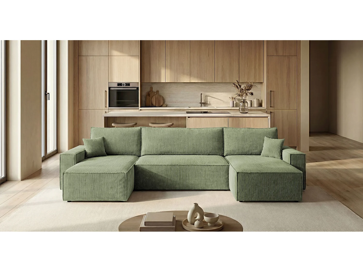 Canapé d'angle CALIFORNIA MINI en U vert clair velours côtelé Poso 47 - fonction couchage, coffre à literie