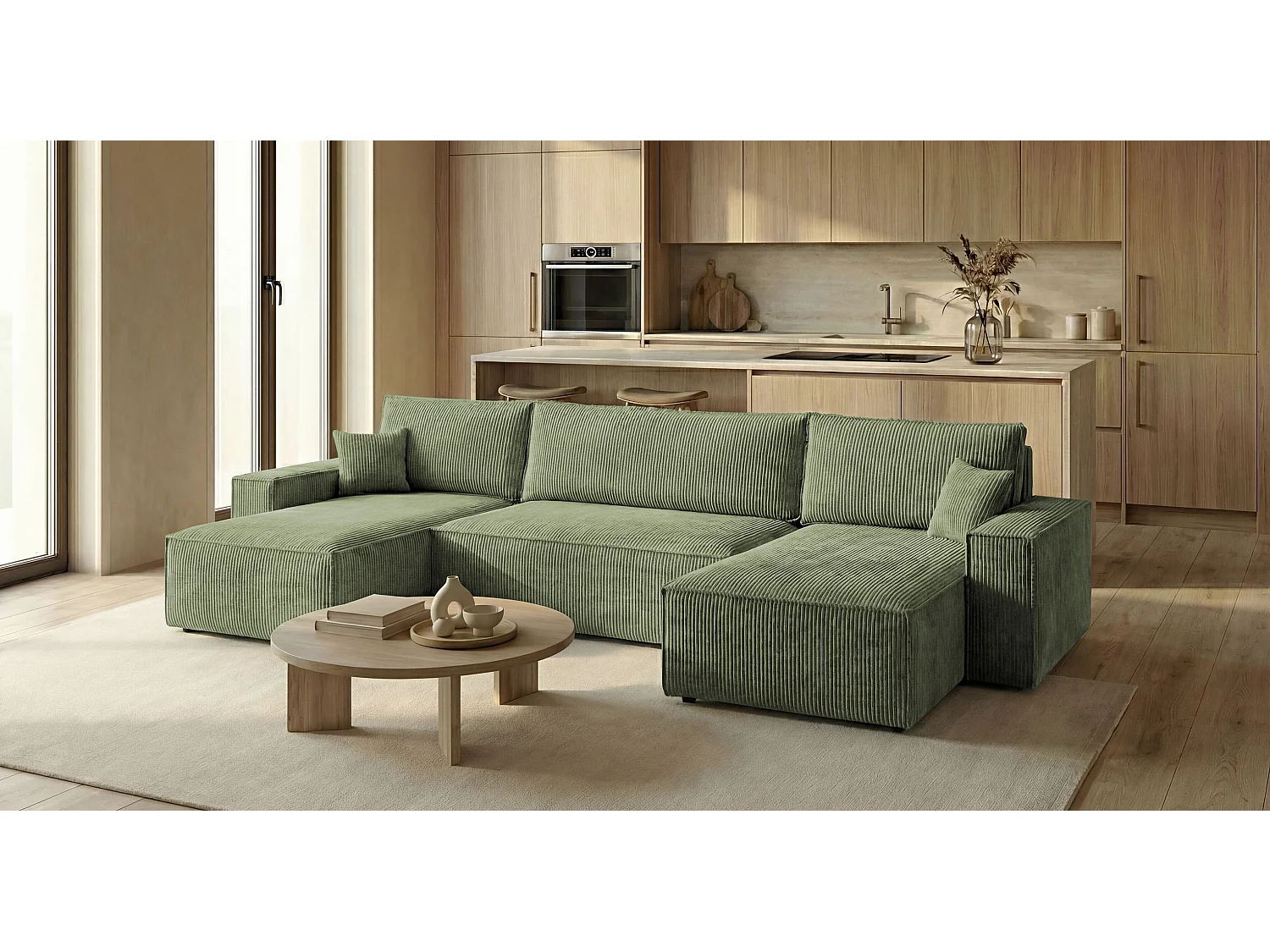 Canapé d'angle CALIFORNIA MINI en U vert clair velours côtelé Poso 47 - fonction couchage, coffre à literie