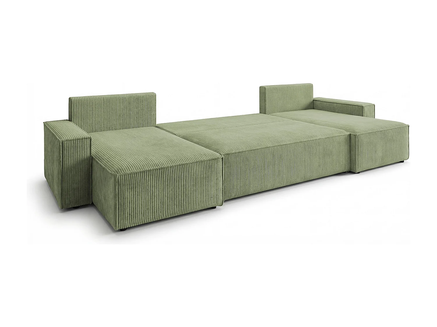 Canapé d'angle CALIFORNIA MINI en U vert clair velours côtelé Poso 47 - fonction couchage, coffre à literie